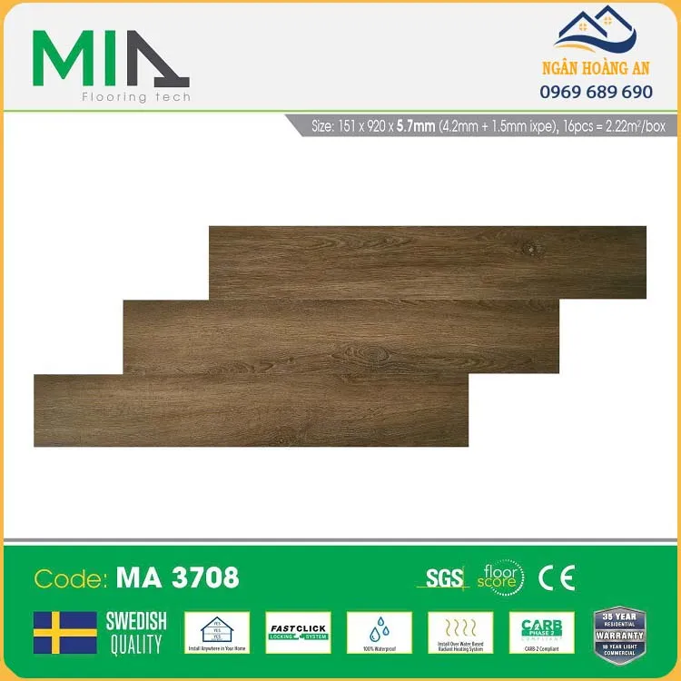 Sàn Nhựa Giả Gỗ Vinyl Hèm Khóa MIA MA 3708 Đế Cao Su 5.7mm Sàn Nhựa Giả Gỗ Vinyl Hèm Khóa MIA MA 3708 Đế Cao Su 5.7mm